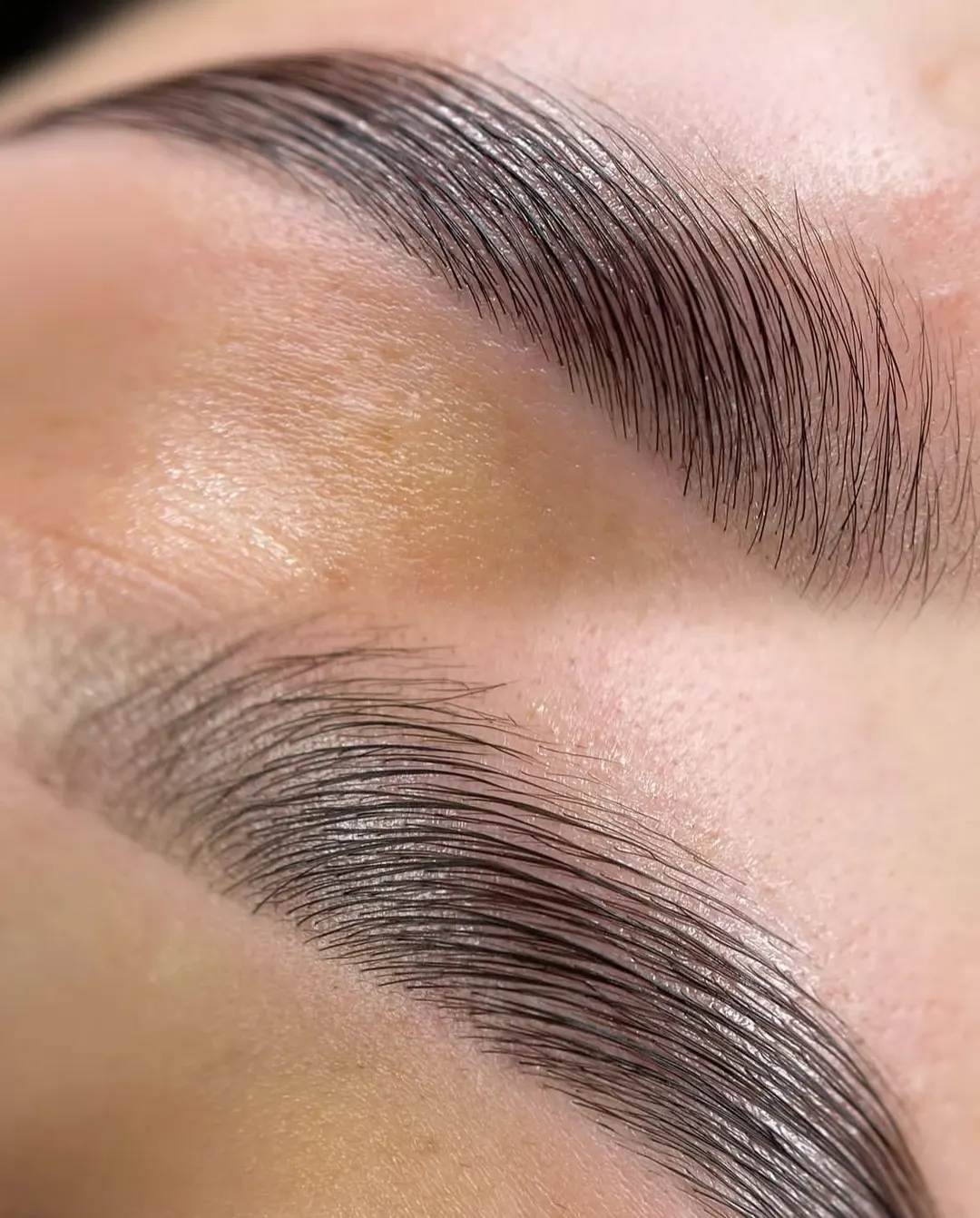 Cejas con laminado, vello peinado hacia arriba y definido, en primer plano