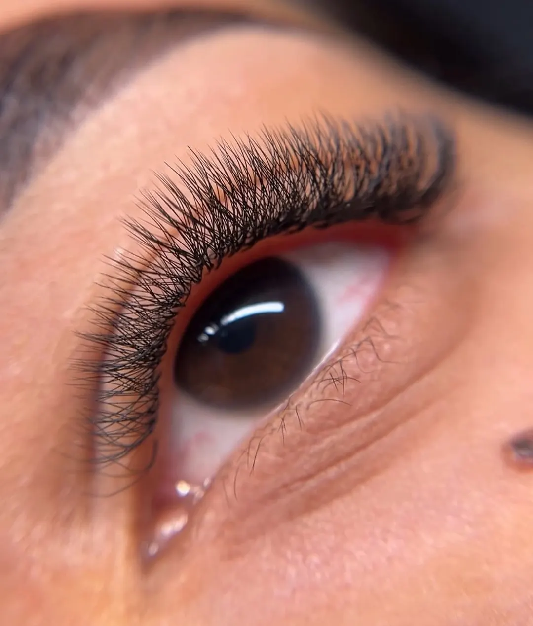 Ojo marrón con extensiones de pestañas efecto tupidas, volumen denso y mirada intensa